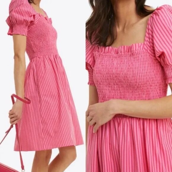 Draper James Dresses & Skirts - NWT Draper James Cam Smocked Puff Sleeve Dress Pink Stripe Square Neck Size 2X